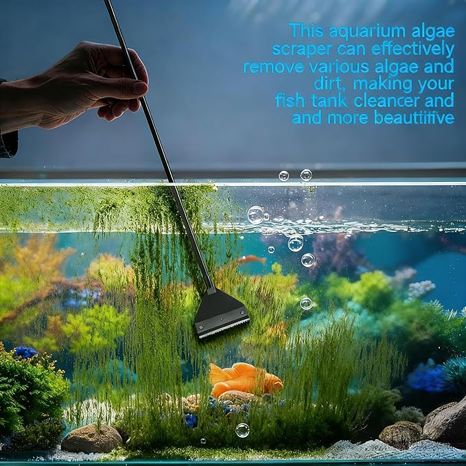 CXY Aquarium Algae Scraper for Glass, 21.5" Fish Tank Cleaner with 10 Stainless Steel Blades - Long Handle Scraper Tool, Essential Fish Tank Accessories & Cleaning Kit