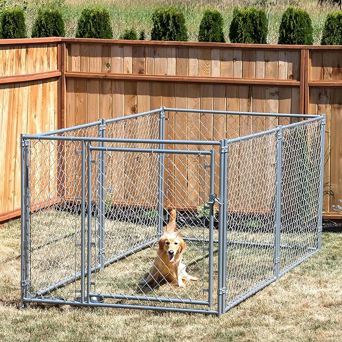 Lucky Dog Heavy Duty Outdoor Galvanized Chain Link Dog Kennel Enclosure with Latching Door, 1.5 Inch Raised Legs, and Adjustable Configuration, Silver