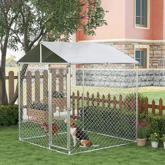 PawHut Outdoor Dog Kennel, Heavy Duty Dog Run Outdoor Fence with Waterproof Cover, Galvanized Chain Link, Secure Lock, for Large Breeds, Chickens, Ducks, 6.5' x 6.5' x 7.8'