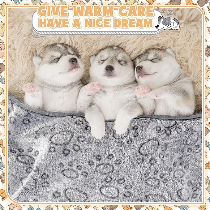 Tegeme 12 Pcs Pet Blankets Soft Fluffy Fleece Dog Cat Warm Paw Print Pattern Blankets Flannel Throw for Pets Dog Puppy Cat(30 x 20 Inch,Gray)
