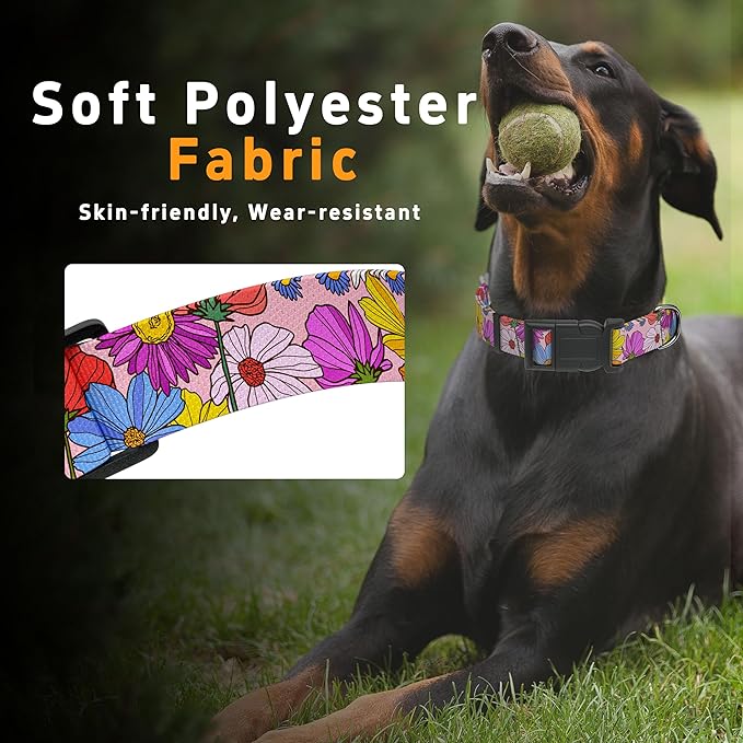 Dog Collar, Pink Floral Boys Girls Puppy Collar for Small Medium Large Dogs, Adjustable Soft Floral Pet Collar with Safety Buckle for Male Females(Pink Floral, S)