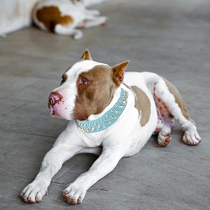 TEEMERRYCA Adjustable PU Leather Spiked Studded Dog Collars with a Squeak Ball Gift for Small Medium Large Pets Like Cats/Pit Bull/Bulldog/Pugs/Husky, Blue, XL 17.7"-20.5"