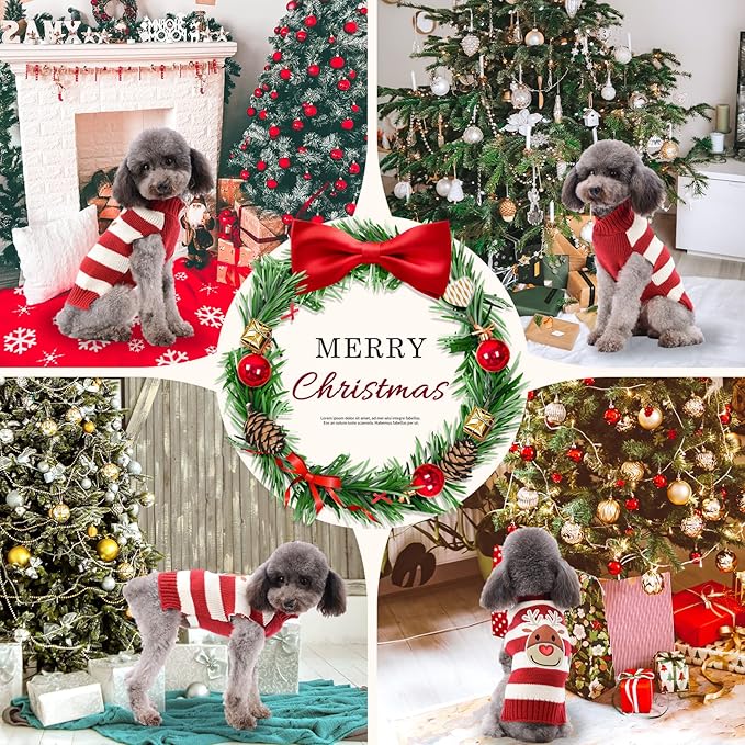 Dog Christmas Sweater Cute Striped Reindeer Xmas Pet Clothes Holiday Puppy Cat Costume New Year Gifts for Small Medium Large Dogs Jumpers (L, Red White Stripe Reindeer)