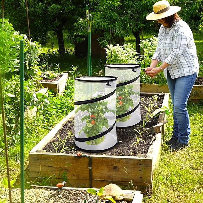 4 Pcs Pop Up Insect Barrier Plant Cover Net, 19.6" x 11.8" Round Foldable Plant Protectors Mesh Plant Enclosure, Garden Net Cage Guard Cover with Stakes & Carry Bag for Protect Plants from Bird Insect