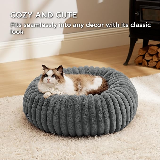 Bedsure ComfyFleece™ Cat beds for Indoor Cats - Donut Dog Beds for Small Dogs with Corduroy Fleece & Anti Slip Bottom, Faux Fur Pet Beds with Washable Removable Cover, Warm Grey, 20x20x6 inches