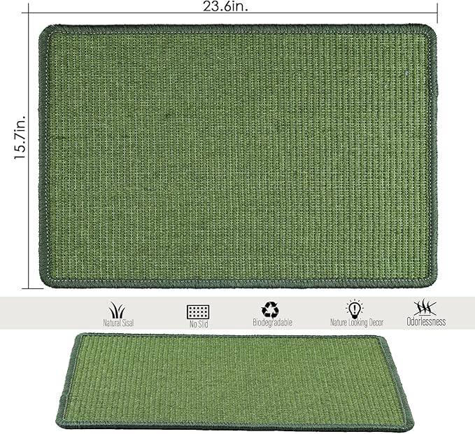 Cat Scratcher Mat, 23.6x15.7inch Natural Sisal Cat Scratchers for Indoor Cats with Velcro,Stick on Floor Cat Wall Scratcher,Horizontal Cat Scratch Mat Protect Furniture (Green Color)