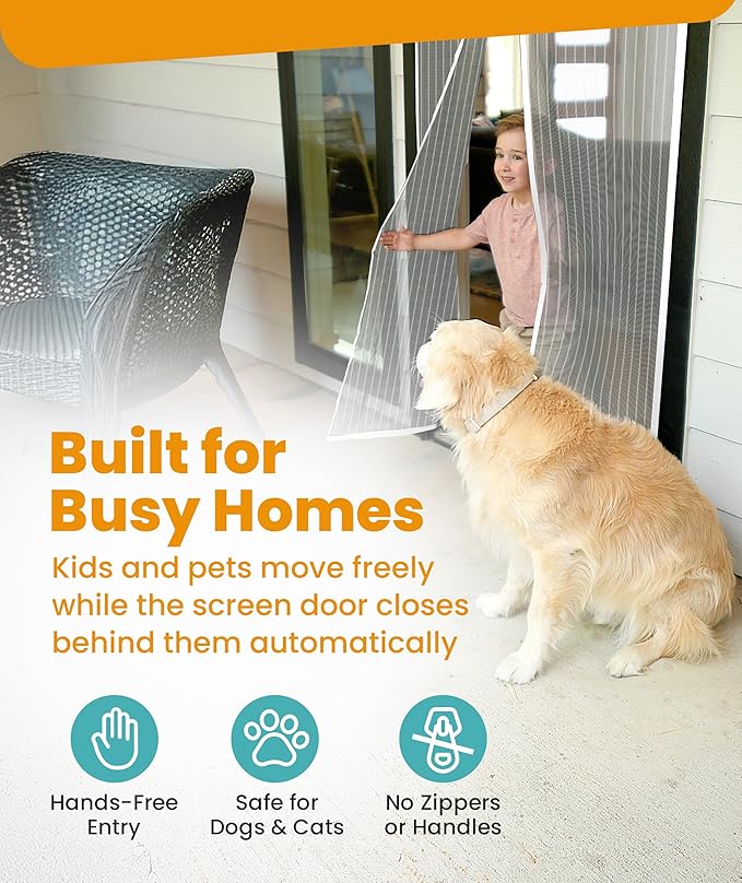 Flux Phenom Magnetic Screen Door Mesh 38x82 Inch – Easy Install, Strong Magnet Strength, Self-Sealing Mesh, Pet Tested, Hands-Free Entry, Door Screen Magnetic Closure, Keeps Bugs Out - White