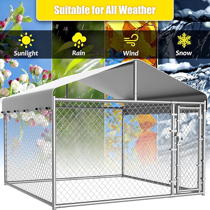 Dog Kennel Outside with Roof, Large Dog Run Enclosure, Outdoor Heavy Duty Pens House Pet Playpen with Galvanized Chain Link Waterproof Cover and Secure Lock(6.76'Lx6.76'Wx5.64'H)