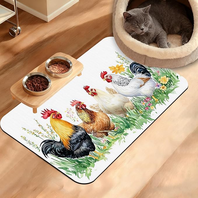 Chicken Rooster Dog Cat Food Mat,Green Grass Absorbent Waterproof Placemat for Food and Water Non Slip Rubber Backing Durable Feeding Pad for Clean Floors 16" x 24"