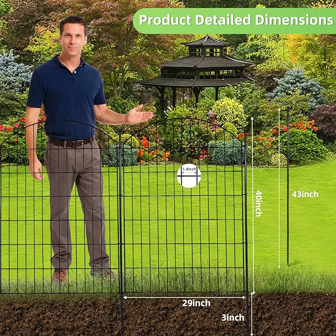 Decorative Garden Fence 40in (H) x24ft (L), 10 Pack No Dig Fence Animal Barrier for Dog, Arched Flower Bed Edging, Wire Border Panel Fencing for Yard Patio Outdoor Decor