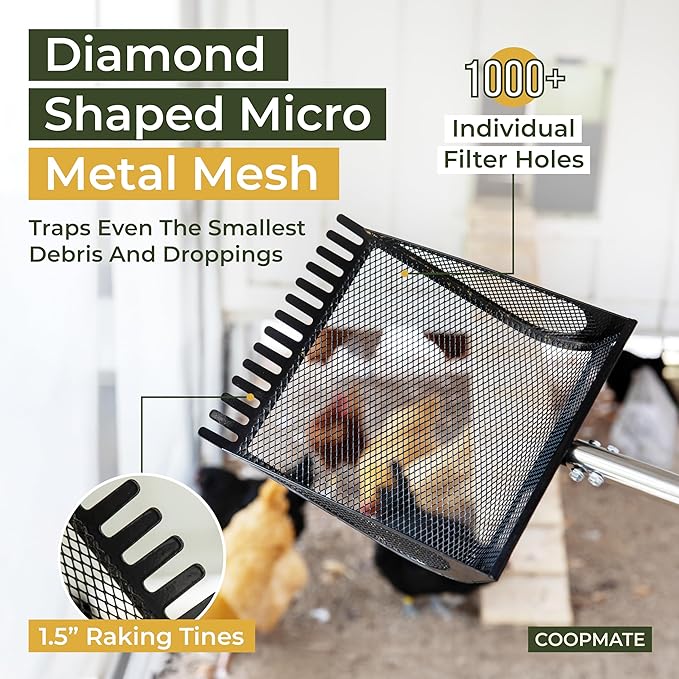 2-in-1 Chicken Coop Poop Scooper and Rake - Metal Sand Sifting Litter Scoop Shovel with Angled Basket and Micro-Sized Diamond Mesh to Catch The Smallest Farm Animal Droppings - Adjustable 12" to 53"