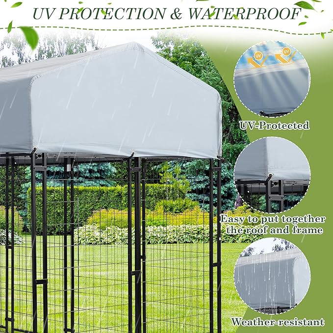 Grepatio Outdoor Dog Kennel for Large Dogs, 8x4x5.7 FT Dog Enclosure with Waterproof, Heavy Duty Welded Wire Steel Dog Playpen Fence with 2 Rotating Dogs Bowls, Outside Dogs Cage Run with Secure Lock