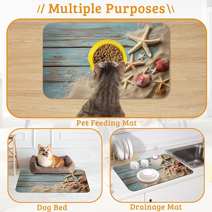 Sand Starfish Dog Cat Food Mat,Wood Board Absorbent Waterproof Placemat for Food and Water Non Slip Rubber Backing Durable Feeding Pad for Clean Floors 16" x 24"