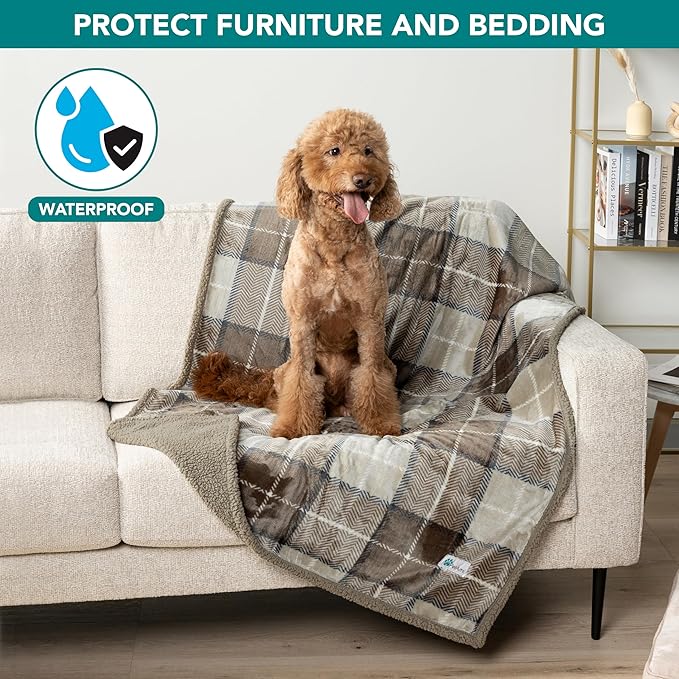 PetAmi Waterproof Dog Blanket for Medium Large Dog Puppy Cat Throw for Couch Cover Leakproof Protection, Sherpa Fleece, Reversible Soft Washable 60x40 Plaid Taupe
