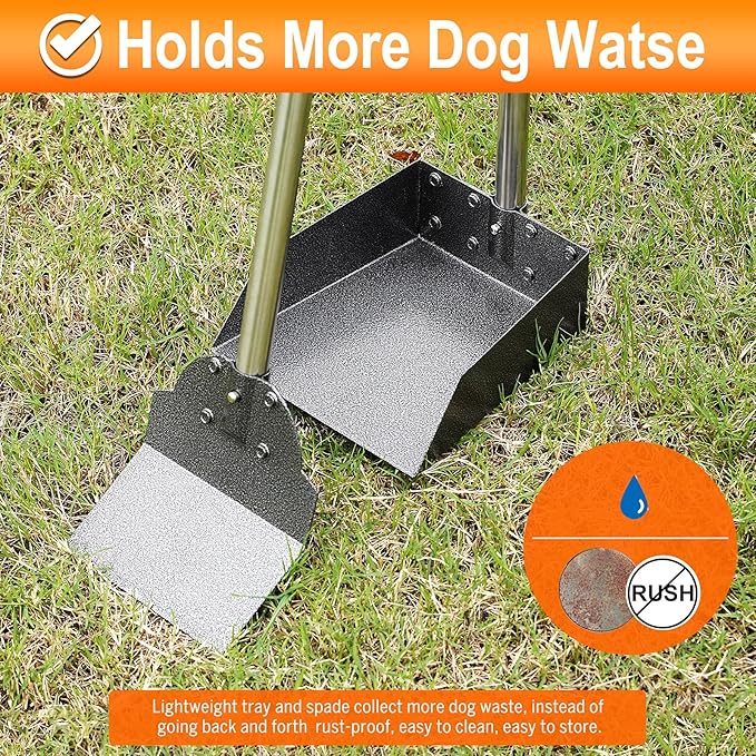 Pooper Scooper, Metal Aluminum Tray and Spade Poop Scoop Set with Adjustable Stainless Steel Long Handle, Pet Waste Removal Heavy Duty Poop Scooper (Tray&Spade, Small)