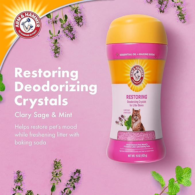Arm & Hammer Restoring Cat Litter Box Deodorizing Crystals, Litter Deodorizer Additive to Help Absorb Odors and Restore Freshness Between Changes, Clary Sage & Mint Scent, 15 Oz - 2 Pack