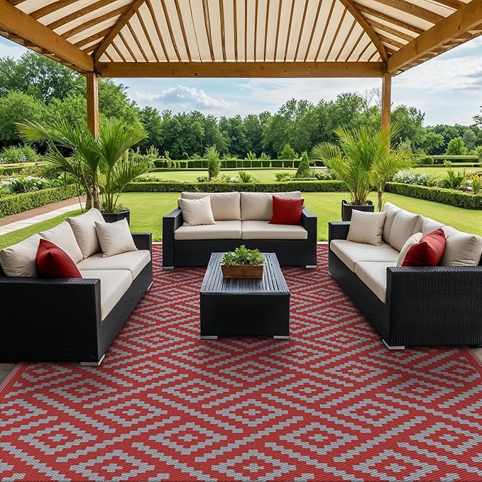 GENIMO Outdoor Rug for Patio Clearance, 10'x20' Reversible Plastic Straw Rugs, Lightweight Waterproof RV Camping Mat for Camper, Balcony, Deck, Backyard, Picnic, Red Grey
