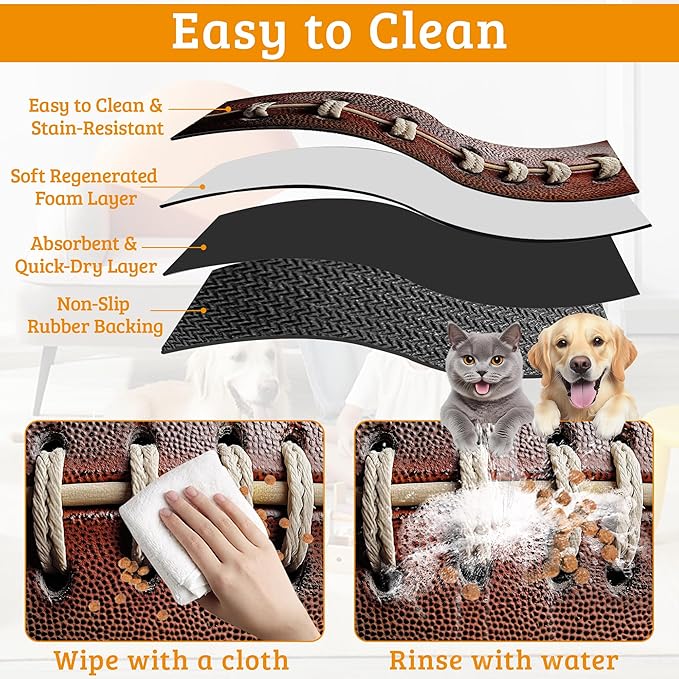 Football Texture Feeding Mat,Laces Stripes Absorbent Quick-Dry Cat Dog Food and Water Bowl Mats,Non-Slip Rubber Backing Mat,Cat Dog Accessories Supplies 16" x 24"