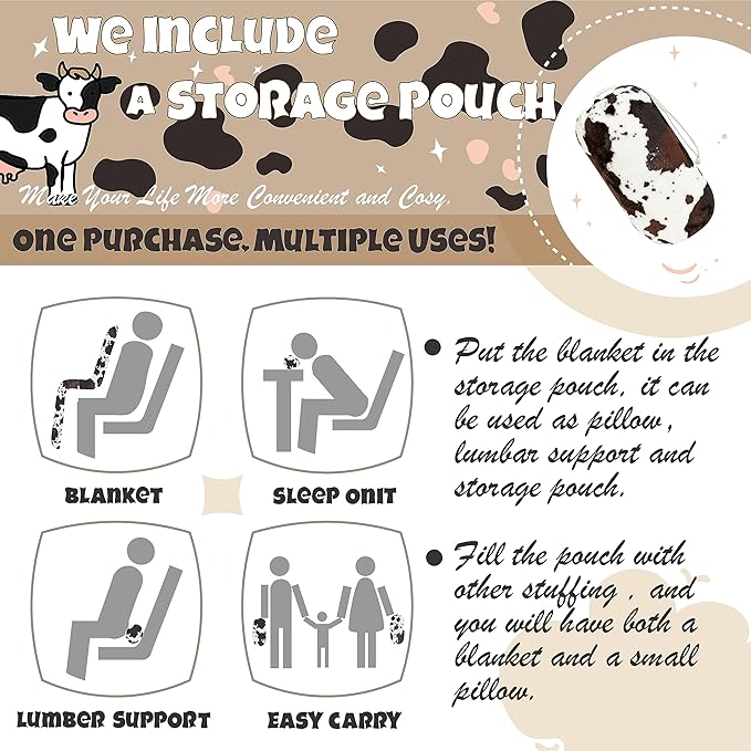 Bnuitland Brown Cow Print Flannel Throw Blanket (60x80 Inches) with Storage Pouch,300 GSM Double Sided Twin Size Bed Fleece Blanket, Super Soft Cozy Outdoor Lap Throw, Lightweight Fuzzy Home Decor
