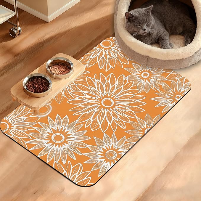 Retro Geometric Aesthetic Dog Food Mat,Orange Absorbent Pet Feeding Mat for Food and Water Bowl,Quick Dry Dog Placemat Non Slip Rubber Backing Waterproof Pet Supplies 16" x 24"