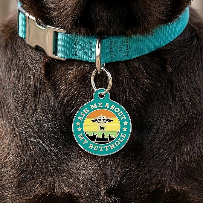 Bad Tags Personalized Dog and Cat ID Tags in 25+ Designs and 2 Sizes - 5 Lines of Custom Engraved Text - Funny Cute Personalized Pet Tags (Ask Me About My Butthole - Teal, Small (1 inch))