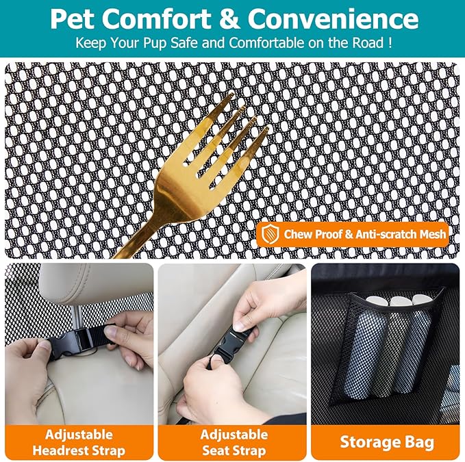 Dog Barrier for Car Back Seat & Cargo Area with Wider Coverage, Universal Fit for Cars, SUVs & Sedans, Dog Car Gate Divider with Chew-Proof Transparent Net and Sturdy Metal Frame for Backseat & Trunk