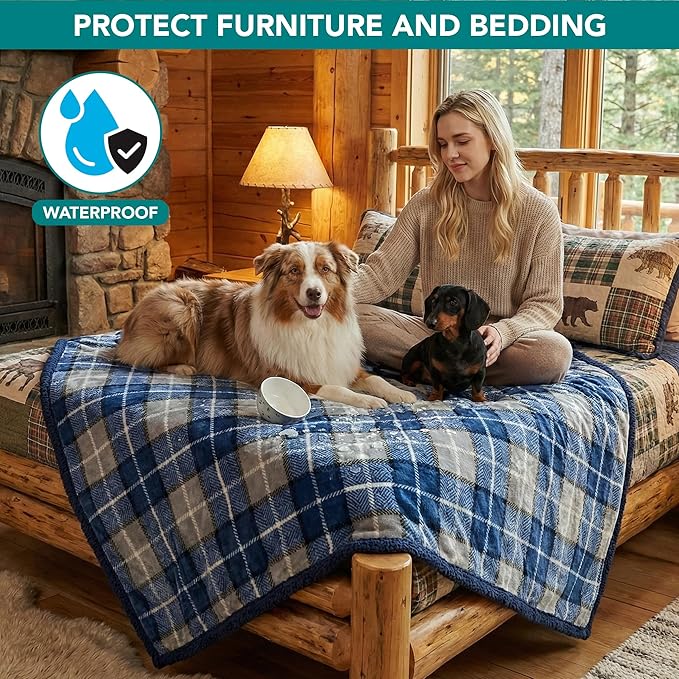 PetAmi Waterproof Dog Blanket for Medium Large XL Dog Puppy Cat Throw for Couch Cover Leakproof Protection, Sherpa Fleece, Reversible Soft Washable 80x60 Plaid Navy Blue