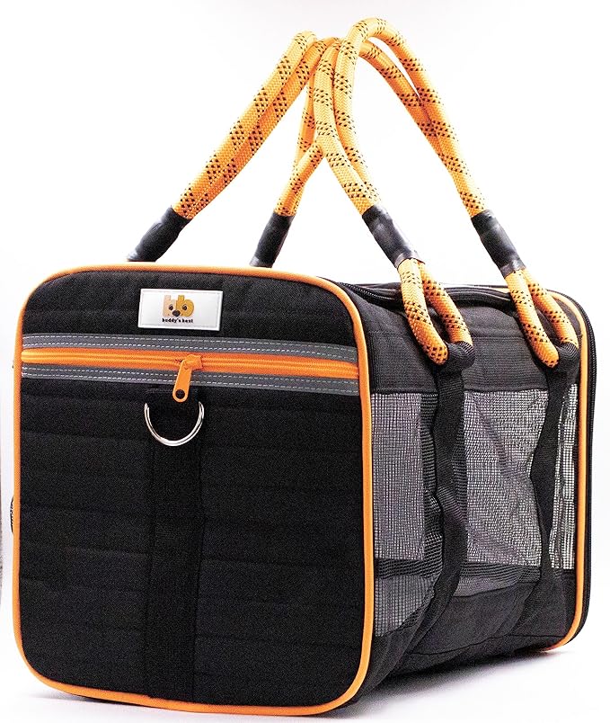 Buddy's Best Airline Approved Pet Carrier – Black & Orange Heavy Duty, Fits Under Seat, TSA Compliant, Ventilated Mesh Design w/Waterproof Base & Reflective Safety Strips