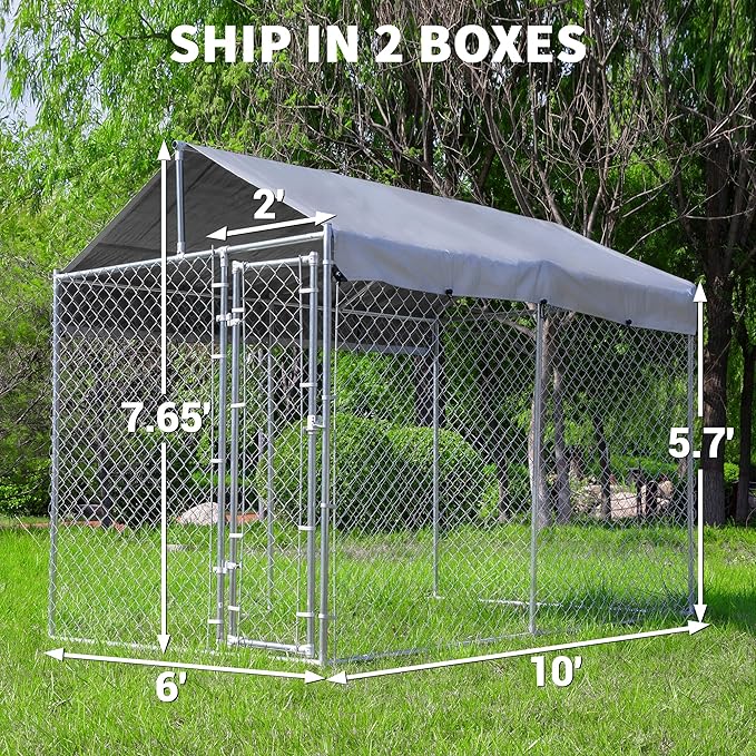 HITTITE Extra Large Outdoor Dog Kennel, Anti-Rust Dog Kennel Outside with Roof, Galvanized Chain Link Dog Runs for Outside with Waterproof UV-Resistant Cover and Secure Lock