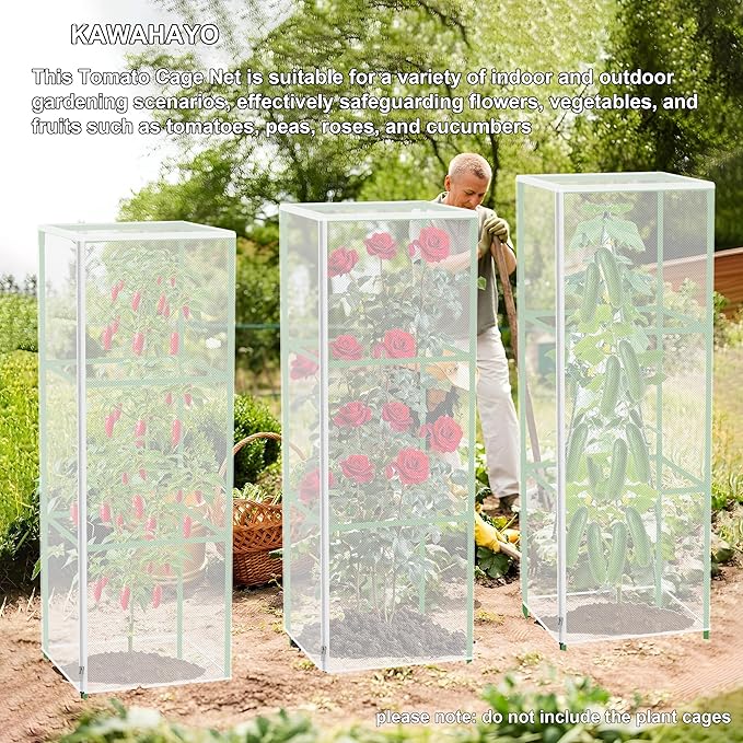 Garden Bird Netting Plant Cover for Square Tomato Cage, 59" x 17.7" Insect Barrier Tomato Cage Net with Zipper and Drawstring, Tomato Trellis Netting Protection Cover for Protecting Plant (6 Pack)
