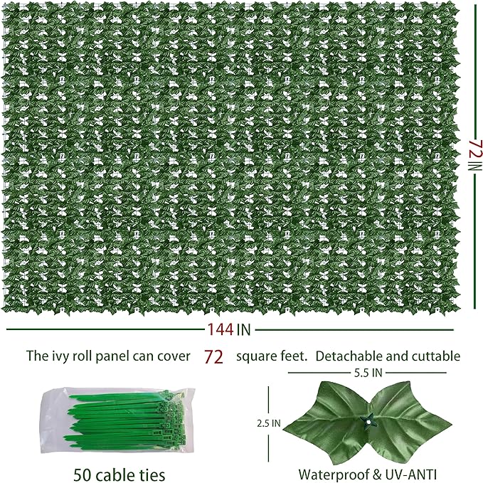 Artificial Ivy Privacy Fence Wall Screen: 72 x144 in UV-Anti Faux Greenery Backdrop Ivy Vine Leaf Hedges Fence Panels for Patio, Balcony, Garden, Backyard Indoor Outdoor Green Wall Decor