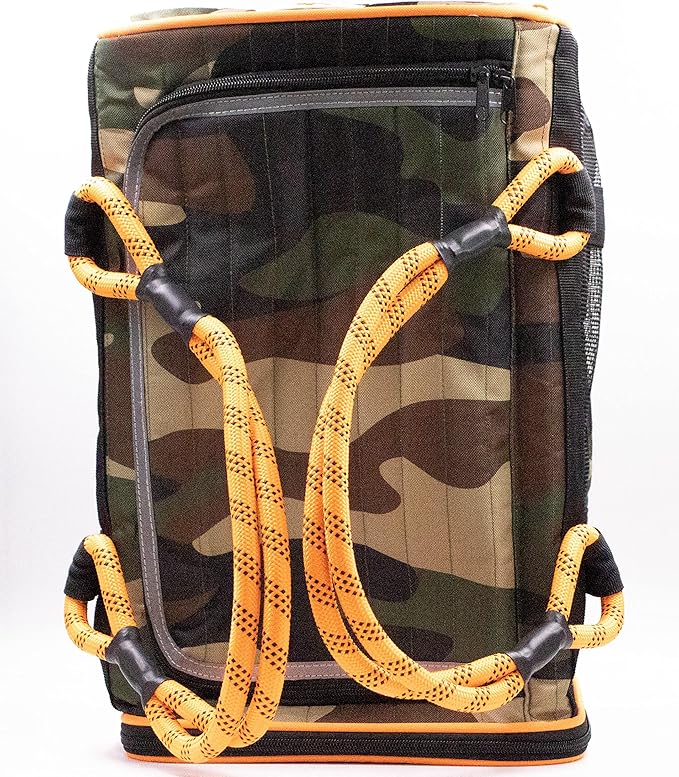 Buddy's Best Airline Approved Pet Carrier – Army Camo & Orange for Dog or Cat, Fits Under Seat, TSA Compliant, Ventilated Mesh Design w/Waterproof Base & Reflective Strips
