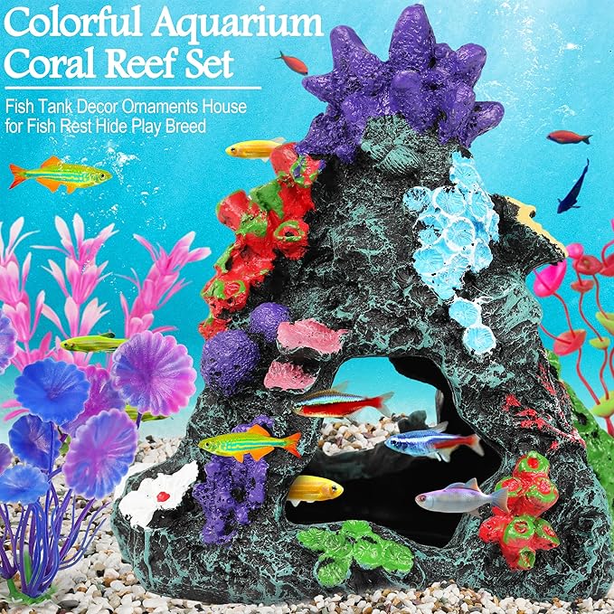MyLifeUNIT Fish Tank Plants, 7 Pieces Colorful Aquarium Plants and Coral Reef Set for Fish Tank Decoration, Mountain Cave Ornament for Betta, Goldfish to Breed, Play and Rest