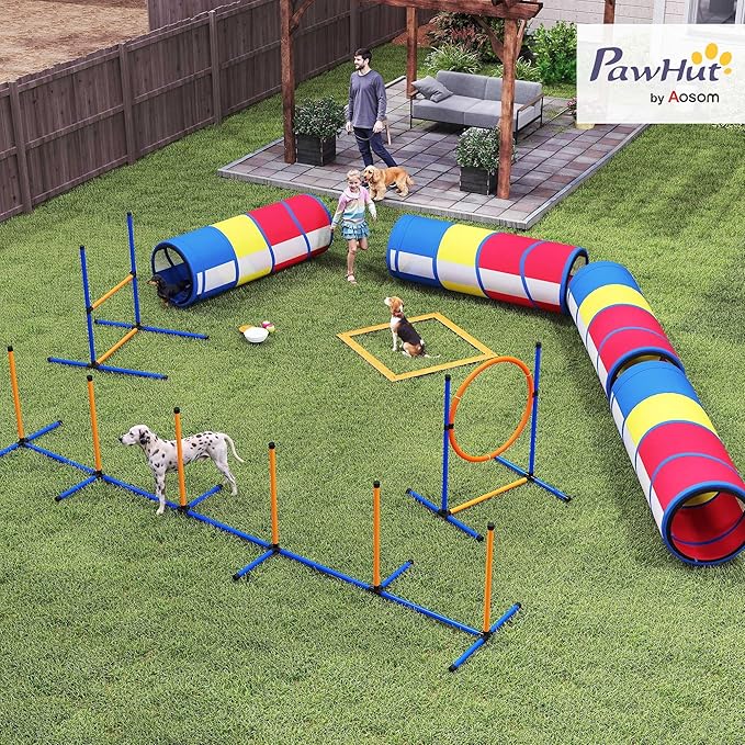 PawHut Dog Agility Training Equipment, 12-Piece Dog Obstacle Course with Adjustable Hurdle & Ring, 4 Tunnels, Weave Poles, Pause Box, Treat Bag, Bowl and Carrying Bag for Indoor Outdoor Use