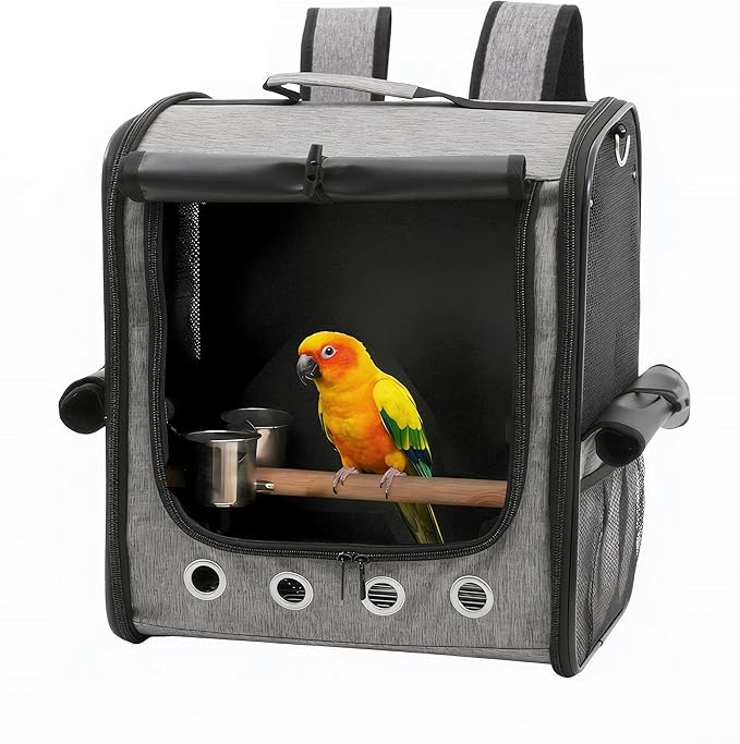 Foldable Bird Carrier Bag, Bird Backpack with Perch and Food Bowl, Stainless Steel Tray, A Portable Travel Bird Cage That is Easy to Clean, Pet Transparent Breathable Travel Cage