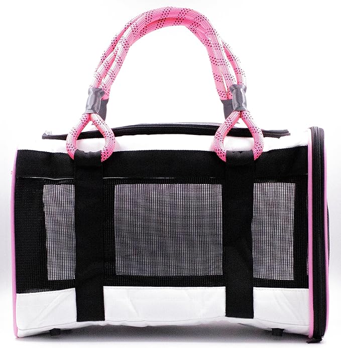 Buddy's Best Airline Approved Pet Carrier – White & Pink Heavy Duty, Fits Under Seat, TSA Compliant, Ventilated Mesh Design w/Waterproof Base & Reflective Safety Strips