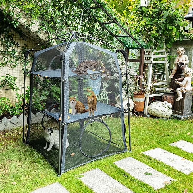 Automatic Pop-Up Cat Enclosure|3-Tier Cat Tent|Cat Cage|Outdoor Catio with Patent,Breathable Portable & Foldable, Stable Structure for Indoor/Outdoor, Free Teaser Wand,Friendly Connectable playpen