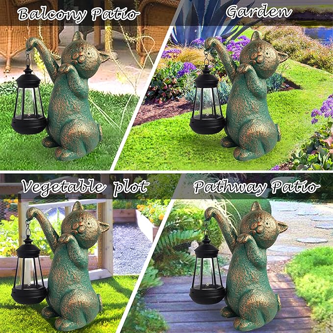 Cat Garden Statue Outdoor Décor with Solar Lights Lantern,Cat Solar Light Figurines Outside Decorations for Yard，Lawn Patio, Balcony, Unique Housewarming Gifts