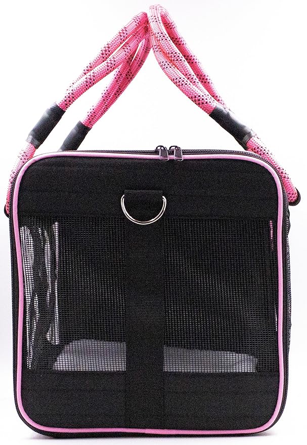 Buddy's Best Airline Approved Pet Carrier Black & Pink Heavy Duty, Fits Under Seat, TSA Compliant, Ventilated Mesh Design w/Waterproof Base & Reflective Safety Strips