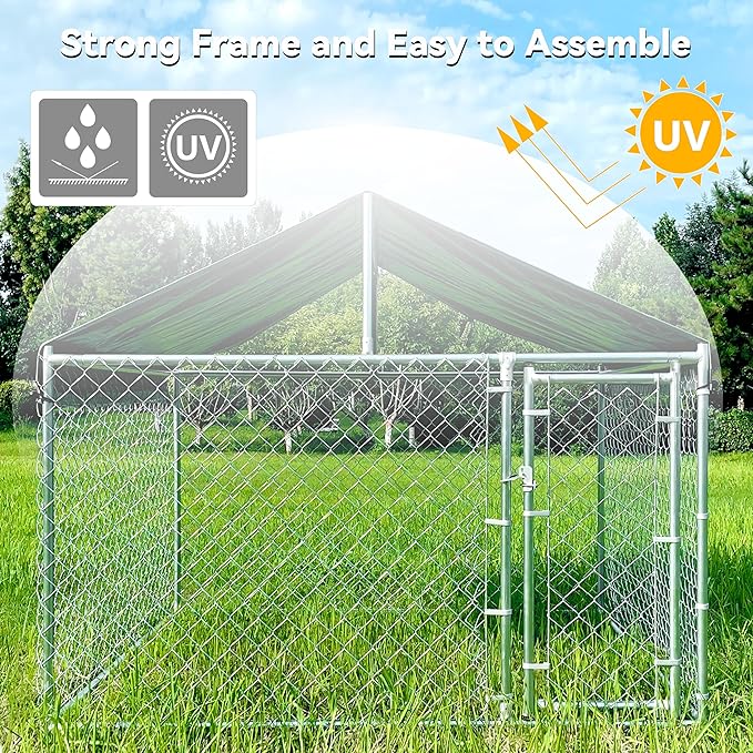 HITTITE Extra Large Outdoor Dog Kennel, Anti-Rust Dog Kennel Outside with Roof, Galvanized Chain Link Dog Runs for Outside with Waterproof UV-Resistant Cover and Secure Lock
