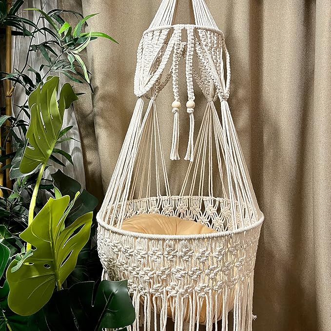 Macrame Cat Hammock - Boho Wall Hanging for Indoor Outdoor Home Decor, Pet Hammock for Sleeping, Playing and Lounging