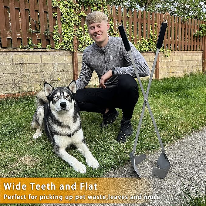 Heavy Duty Pooper Scooper 38" Stainless Steel Long Handle Dog Pooper Scooper with Teeth for Large Dogs Outdoor Pet Waste Removal Shovel Waste Pick-up Yard & Grass Use Leaves Cleaning