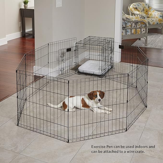 MidWest Homes for Pets Folding Metal Dog Exercise Pen, Indoor/Outdoor Playpen with Secure Door, Provides 16 Sq Feet of Play Space, 30-Inches Tall, Black E-Coated
