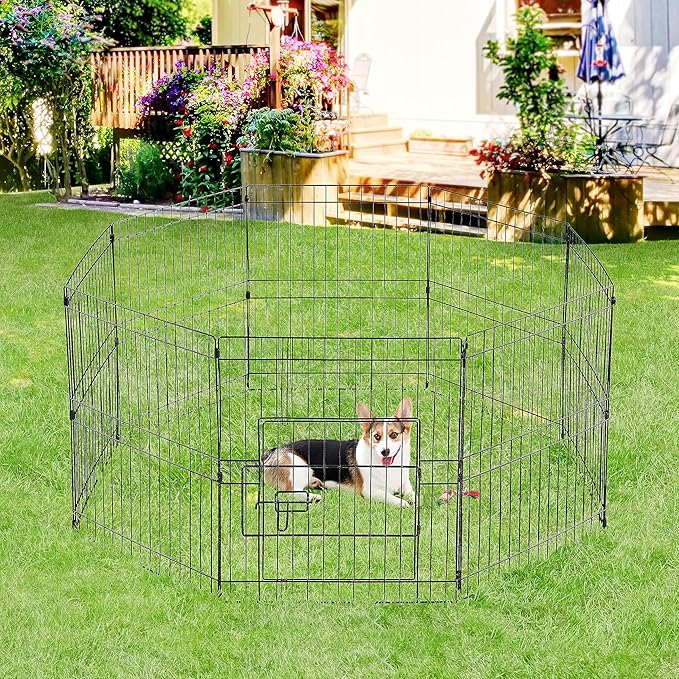 Yaheetech 24" High 8 Panel Foldable Metal Dog Exercise Pen Pet Playpen Dog Fence Outdoor & Indoor Use for Small Animals with Door Black