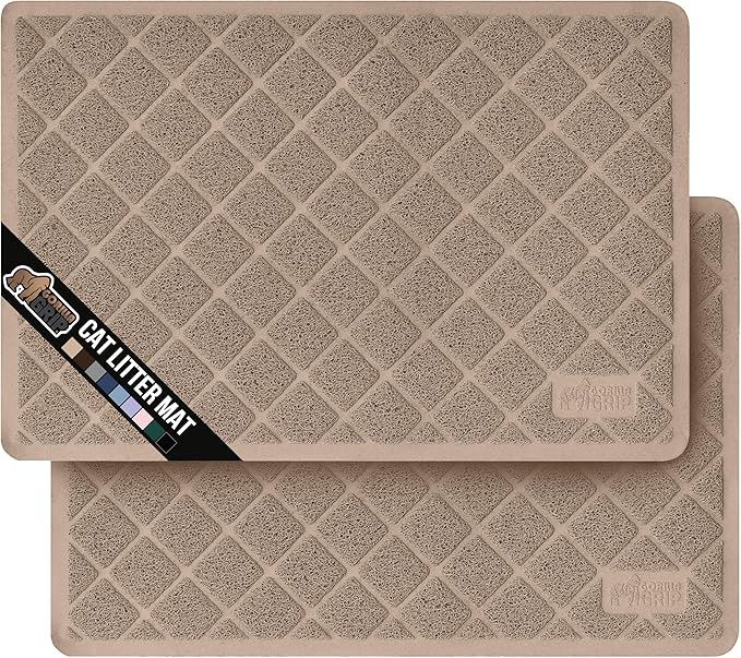 GORILLA GRIP Cat Litter Box Mat, 35x23 2 Pack, Water Resistant, US Designed Kitty Litter Trapping Mats, Easy to Clean Scatter Control, Less Mess and Clean Floors, Kitten Supplies for Indoor Cats Beige