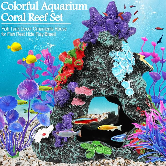 MyLifeUNIT Fish Tank Decorations, 7 Pieces Aquarium Plants Set with Coral Reef Decoration Mountain Cave Ornament for Betta, Goldfish, Shrimp to Breed, Play and Rest (Purple)