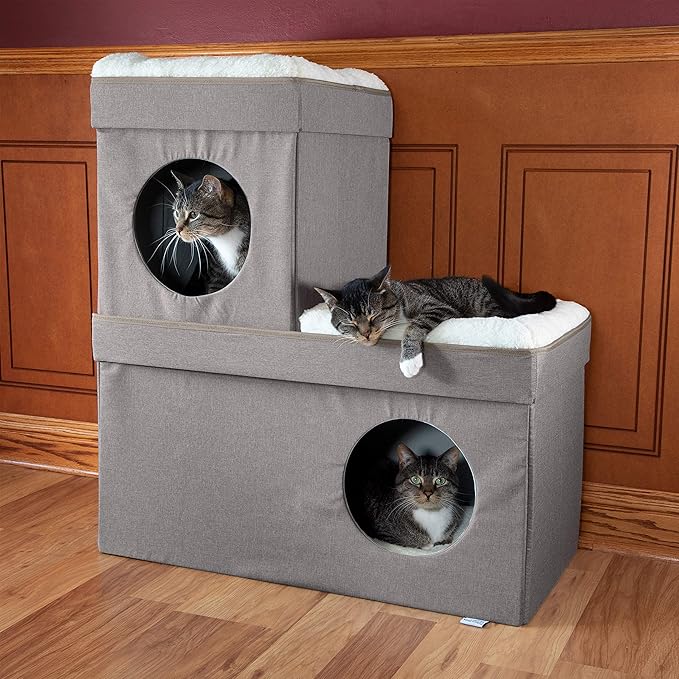Kitty City Large Stackable Cat Condo & Cube House, Modular Indoor Cat Furniture with Plush Washable Beds, Collapsible Cat Cave & Lounging Ottoman, Tan