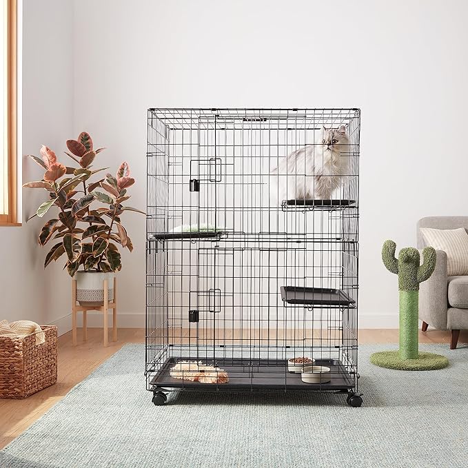 Amazon Basics Large 3-Tier Cat Cage Playpen with Easy to Clean Removable Tray, Front Doors, Portable, Foldable, 35.8" x 22.4" x 50.6", Black