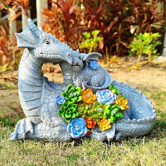 Dragon Solar Garden Statues Outdoor Decoration with Succulent and 6 LED Lights,Dragon Figurine Solar Lights Lawn Décor,Outside Statue Ornament for Patio, Balcony, Yard,Unique Gift for Mom