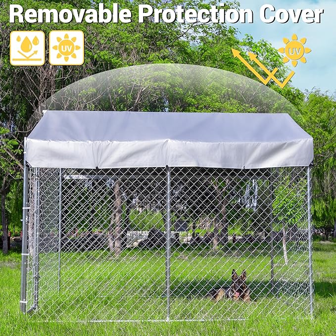 HITTITE Extra Large Outdoor Dog Kennel, Anti-Rust Dog Kennel Outside with Roof, Galvanized Chain Link Dog Runs for Outside with Waterproof UV-Resistant Cover and Secure Lock